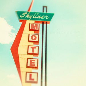 Color Photography, retro wall decor, vintage motel sign art print, Route 66, road trip, whimsical, pastels, mint green, red, motel wall art image 1