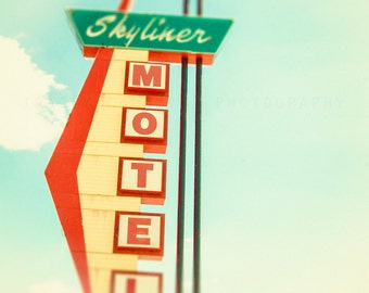 Color Photography, retro wall decor, vintage motel sign art print, Route 66, road trip, whimsical, pastels, mint green, red, motel wall art