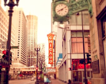 Chicago Theater | Marshall Fields Clock | State Street |  wall art print | Chicago photography | red teal | marina towers art | Art for Wall