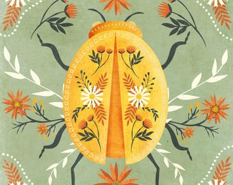 Modern Folk Art Beetle Illustration - Colorful Orange Bug Surrounded by Flowers and Leaves on Teal Green