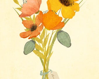 Poppy Flower Bouquet Illustration - Pink, Yellow, Orange and Teal Flowers, Buds and Leaves - Floral Wall Art