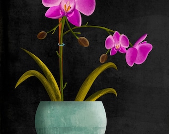 Purple Orchid Wall Art - Original Illustration of Bright Purple Flowers in a Teal Blue Pot on a Rustic Table