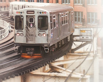 Chicago CTA, train photography, Loop train, Chicago Wall Art Print, El train, creme, orange, blue, Brown Line, playroom, boys room decor