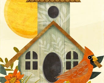 Illustration of Red Cardinal Perched on a Rustic Teal Blue Birdhouse - Original Bird Wall Art