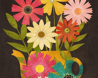 Illustration of a Teapot Filled With Bright, Colorful Flowers - Original Floral Wall Art