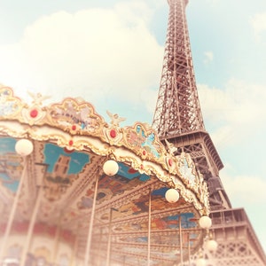 Eiffel Tower Photograph | Paris Photography | Carousel Wall Art  - Pastel Colors | Nursery Decor | France Travel Prints | Teal Blue | Yellow