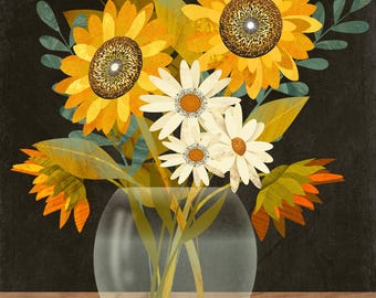 Floral Illustration of a Vase Filled with Sunflowers and Daisies - Flower Wall Art Print