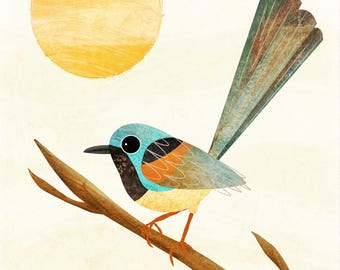 Illustration of a Colorful Fairywren Perched on a Branch - Original Bird Wall Art