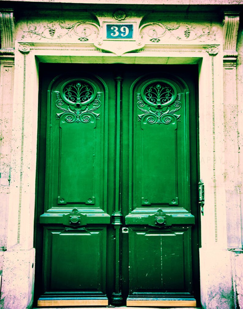 Paris Photograph / Photograph of Door in Paris / French Home Decor / emerald green / door art / rustic Parisian decor / beige / Paris print image 1