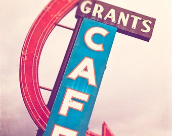 Kitchen Wall Art, Route 66 Photograph, Grants Cafe, Retro Decor - Cafe Walls, cherry red, teal blue, eggplant purple, Travel Photography