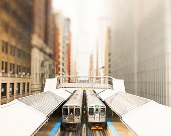 Chicago Loop Photograph, CTA trains, Train Wall Art, Boys Room Art, Orange Green Line, Teal, abstract architecture, Chicago skyline  decor