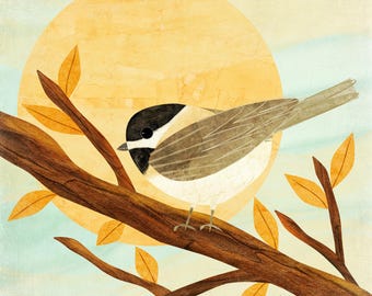Bird Illustration - Chickadee on a Branch With the Sun in the Background - Colorful Nature Wall Art