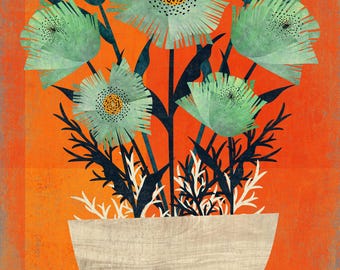 Abstract Illustration of Blue Poppies on a Red Background | Floral Art and Illustrations