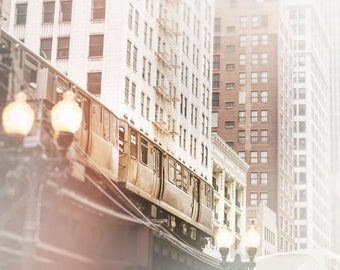 Chicago CTA Train, City Skyline, Loop El Trains, Wall Art Print - Chicago Photography, muted white decor, light gray, beige wall, Urban Home