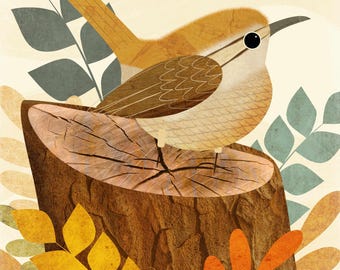 Illustration of a Carolina Wren on a Log Surrounded by Plants - Bird Wall Art