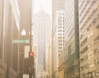 Chicago Art, Skyline Photography, LaSalle Street, Board of Trade - Chicago Photograph, neutral wall art print, golden yellow, creme white