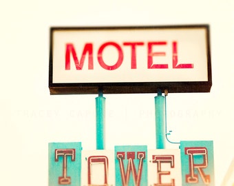 Route 66 Motel Sign Photography - whimsical decor, retro wall art colorful art print, road trip, teal blue, crimson red, vintage, wall decor