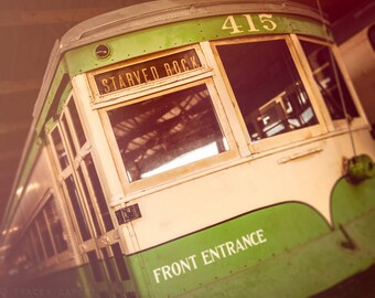 CTA Street Car, Chicago Photography, Vintage Car decor, Wall Art - Chicago Print, greenery green, light beige, pale yellow, Starved Rock