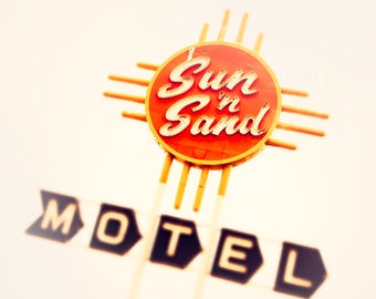 Route 66 Art, Vintage Sign, Retro Home Decor, Travel Photography - Whimsical Art, orange, yellow walls, Sun n Sand, New Mexico, Colorful Art