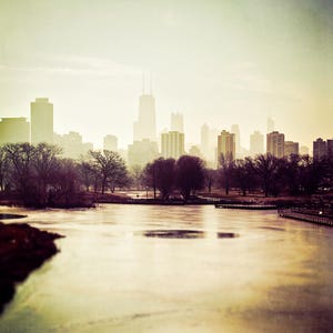 Chicago Skyline, Cityscape Art, Chicago Wall Art, Lincoln Park Art, city photography, Burgundy, beige, foggy skyline, north pond, photograph