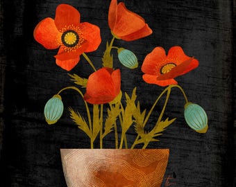Illustration of Red Poppies and Teal Poppy Pods in a Rustic Pot on a Wooden Table - Flower Print Wall Art