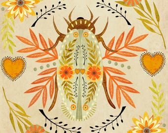 Modern Folk Art Beetle and Flower Illustration - Colorful Bug and Floral Wall Art
