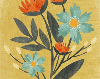 Illustration of a Flower Cutting With Red, Teal Blue and White Flowers - Original Flower Wall Art