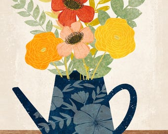 Floral Illustration | Colorful Bouquet of Flowers in a Vintage Blue Pitcher