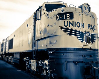 Photograph of Vintage Train / Union Pacific / blue train wall art / indigo, grey, creme / boys room wall art / playroom decor / art print