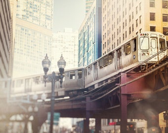 Chicago Train Photography - Skyline Wall Art - Urban Home Decor - CTA Photograph - Loop - El L Trains - Landscape - maroon, blue, orange