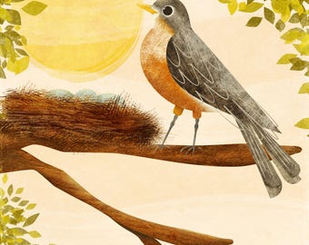 Illustration of a Robin and Nest of Eggs on a Branch - Original Bird Wall Art