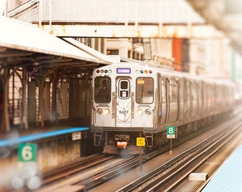 Chicago Art, Train Photography, Chicago Photograph, Playroom Art - CTA Loop Train, wall art print,  light blue, bright orange, urban decor