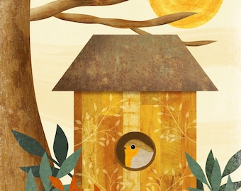 Illustration of Two Winter Robins in a Rustic Birdhouse - Original Bird Wall Art