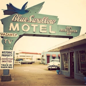 Blue Swallow Motel, Route 66, Vintage Sign Art, Classic Car Image - Landscape Wall Art Print,  white Chrysler, teal blue, beige, Retro Home