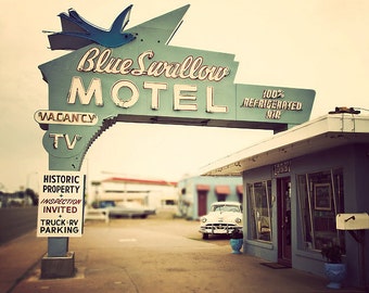 Blue Swallow Motel, Route 66, Vintage Sign Art, Classic Car Image - Landscape Wall Art Print,  white Chrysler, teal blue, beige, Retro Home