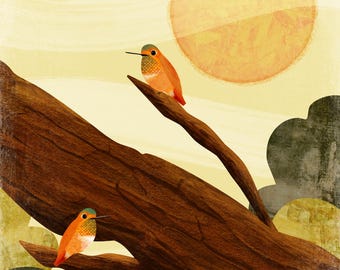 Illustration of Two Hummingbirds on a Branch - Original Bird Wall Art