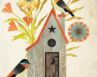 Modern Folk Art Illustration of Two Colorful Birds Sitting on a Rustic Bird House - Original Bird and Flower Wall Art