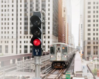 Chicago Train Art, Architecture Photography, Urban Wall Art Print - CTA Loop Train, Brown Line, Pop Red, Pale Gray, White Decor, Boys Room