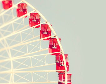 Ferris Wheel Art, Photography, Wall Art Prints, Chicago Home Decor, red, pale blue, creme, Nursery, Playroom, Whimsical, Minimalist, Chicago