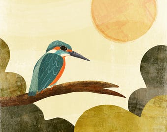 Illustration of a Kingfisher Bird on a Branch Over Water - Original Nature Wall Art