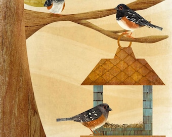 Illustration of Spotted Towhees on a Colorful Rustic Feeder - Original Bird Wall Art