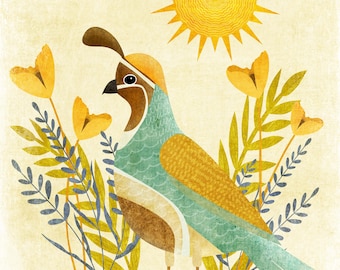 Illustration of a Colorful Quail and Flowers in Front of a Big Bright Sun | Original Bird & Nature Illustration