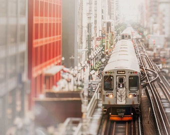 CTA Train, Chicago Photography, Loop Tracks, Pop of Red, Wall Art - Urban Landscape, crimson, charcoal gray, white, beige, CNA Building,