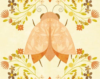 Modern Folk Art Moth and Flower Illustration - Floral Wall Art