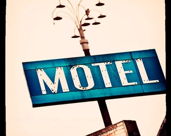 Vintage Motel Sign Photograph, Teal Blue Wall Art, Retro Inspired Home Decor | Chicago Photography