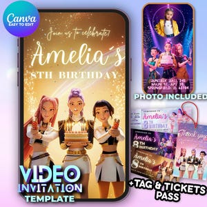 Invitación de video de cumpleaños dorada de Kpop Demon Hunters, editable en Canva, animada digitalmente (Huntrix Gold & White), etiqueta de agradecimiento, paquete de entradas