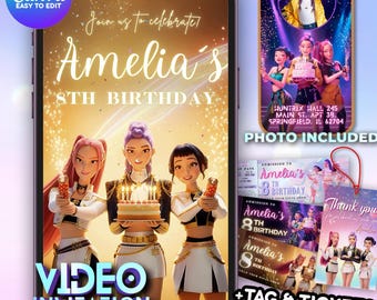 Invitación de video para el cumpleaños dorado de Kpop Demon Hunters, editable en Canva, digital y animada (Huntrix dorado y blanco), etiqueta de agradecimiento y paquete de entradas.