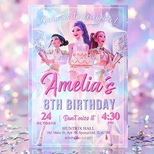 K-pop Demon Hunters Birthday Invitation, Thank you Tag, Ticket Pass - Editable Canva Template - Huntrix Golden - Printable Digital Bundle