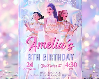 Invito di compleanno K-pop Demon Hunters, etichetta di ringraziamento, pass per biglietti - Modello Canva modificabile - Huntrix Golden - Pacchetto digitale stampabile