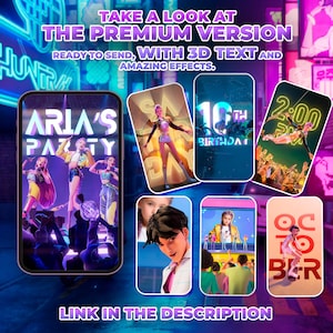 Puede incluir: Imagen promocional que muestra arte digital con el texto "TAKE A LOOK AT THE PREMIUM VERSION" y "READY TO SEND, WITH 3D TEXT AND AMAZING EFFECTS." La imagen presenta un tel&eacute;fono que muestra "ARIA'S PARTY" y otras piezas de arte digital.
